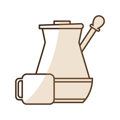 brown silhouette shading jar of coffee with handle and porcelain mug vector illustration