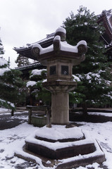 A stone lantern and moss covered with snow on top.