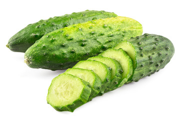 Cucumber and slices isolated on white background, close-up view