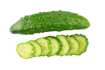 Cucumber and slices isolated on white background, top view, close-up