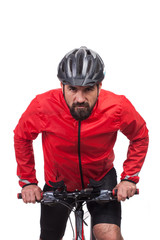 Fototapeta na wymiar Portrait of bicyclist with helmet and red jacket, riding a bicycle, isolated on white