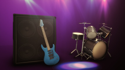 Fototapeta na wymiar Blue electric guitar with a large combo and drum set 3d illustration