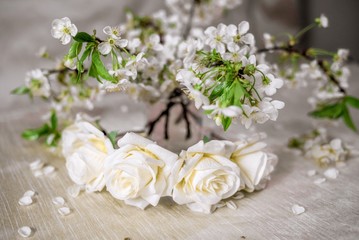 White wreath with cherry blossom. Flower crown