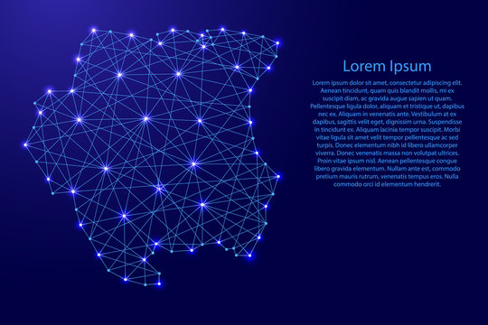 Map of Suriname from polygonal blue lines and glowing stars vector illustration