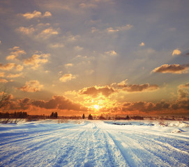 amazing winter landscape at sunset in forest