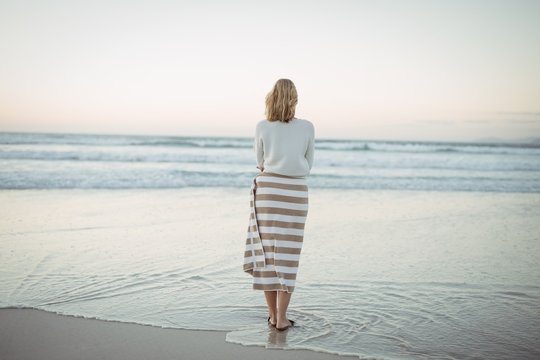 Rear View Of Woman Standing At Beach During Dusk