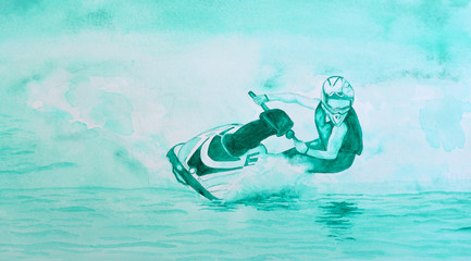 Aquarel van jetski-concurrent geschilderd in
