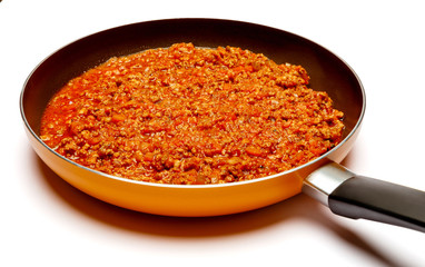 Spaghetti bolognese sauce on a pan
