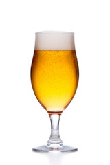 Glass of light cold beer with foam isolated on white.