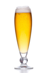 Beer glass filled with light beer. Full glass with foam on white.