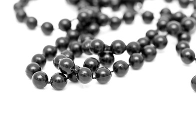 Black beads on a white background