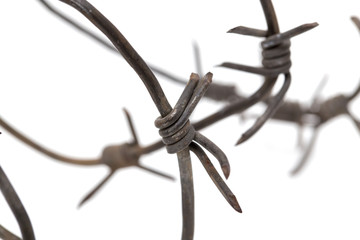 Obraz premium Barbed wire on white background. macro