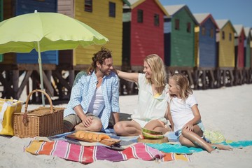 Happy family sitting on blanket at beach