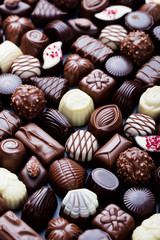 Assortment of fine chocolate candies Sweets background. Copy space. Top view