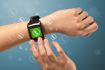 Hand with smartwatch and call icon around