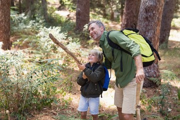 Father and son enjoying nature while hiking in forest