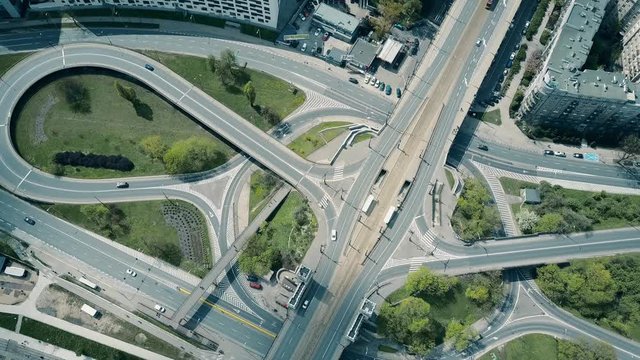 Aerial shot of big urban road interchange. 4K video
