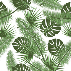Naklejka premium Beautiful seamless vector floral summer pattern background with tropical palm leaves. Perfect for wallpapers, web page backgrounds, surface textures, textile.