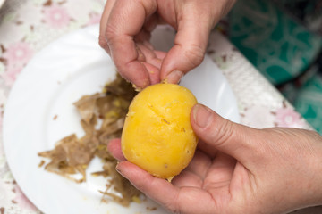 Woman cleaning potatoes with her hands