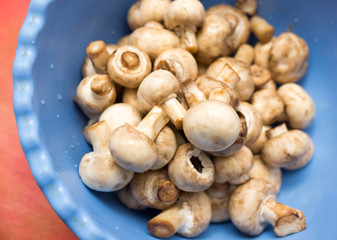 Clean fresh mushrooms in a blue cup