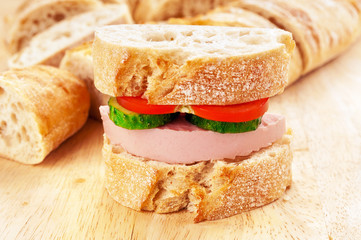 Sandwich closeup on wooden background