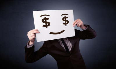 Businessman holding paper with greedy emotion