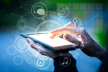 Female using tablet with business diagram