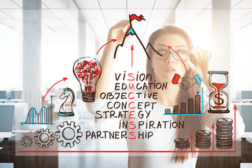 Businesswoman drawing success mountain