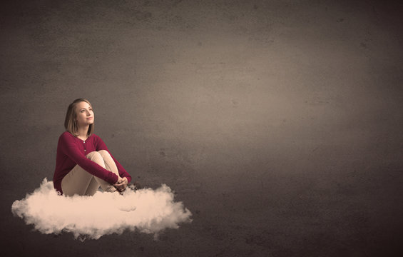 Woman Sitting On A Cloud With Plain Bakcground