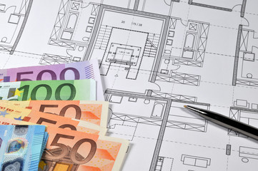 Bauzeichnung, Geld, Zeichnung, Konstruktion, Bauplan, Architektur, Architekt, Euro, Konstruktion, Ingenieur, Plan,  technisches Zeichnen,  Architektenhonorar