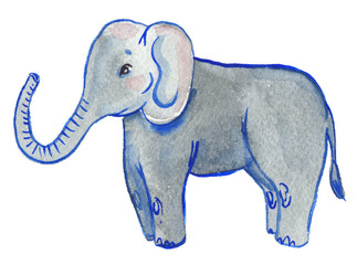 Small cute cartoon elephant painted in watercolor on clean white background