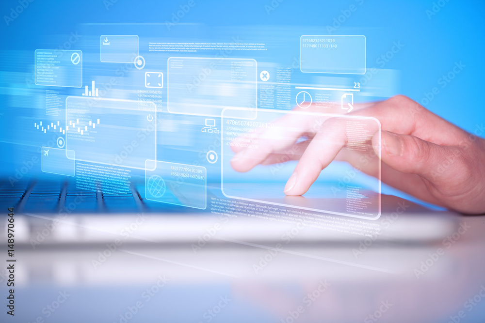Poster Hand touching keyboard with high tech buttons