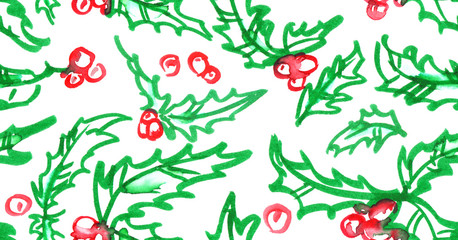 Seamless pattern with holly leaves and berries painted in bright green and red ink on white isolated background