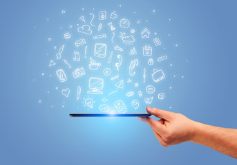 Hand with phone and drawn office icons