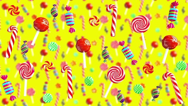 Bright glamour sweet juicy candies lollipop chupa chups caramel toffee sugar fall down. High quality background. Candy on yellow.