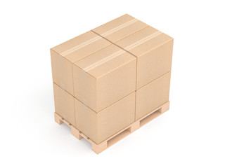 Four cardboard boxes mockup on euro pallet, 3d rendering