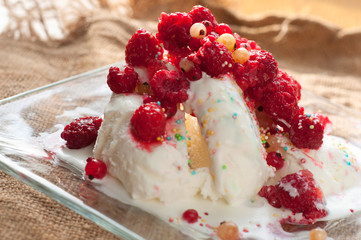 Delicious ice cream with fresh frozen raspberries and currant