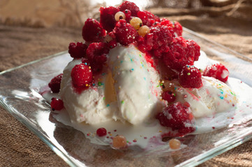 Delicious ice cream with fresh frozen raspberries and currant