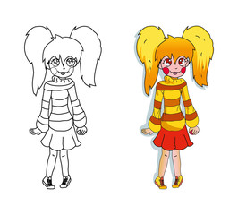 children's picture-coloring. vector. the girl in the bright sweater and red skirt