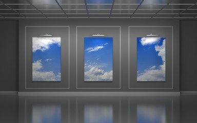 Three large vertical posters on wall in a gallery with cloudy sky. 3d illustration