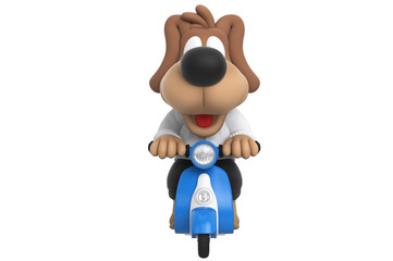 Cartoon cute dog on blue scooter, front view. 3D rendering