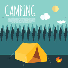 Summer Camping Nature Background in Modern Flat Style with Sampl