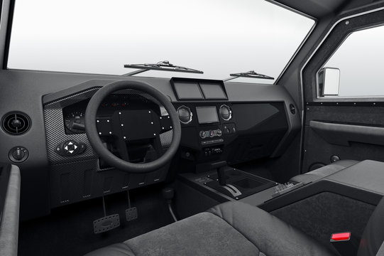 Car interior dashboard leather steering. 3D rendering