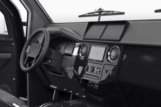 Car dashboard black plastic, close view. 3D rendering