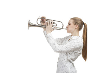 Blond woman with trumpet, isolated