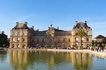 Fototapeta na wymiar View on Luxembourg palace and garden with reflection and fountain, front view, paris city, france