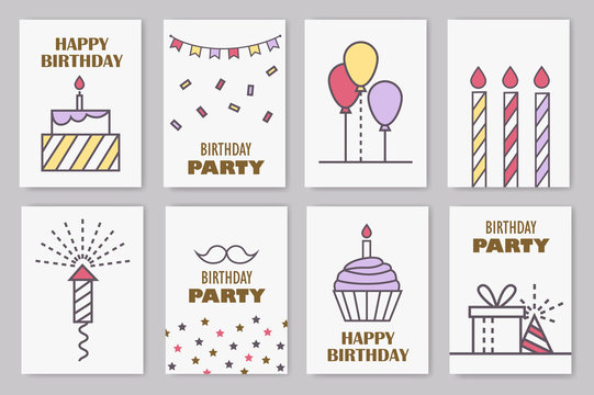 Set of cute birthday cards. Linear design