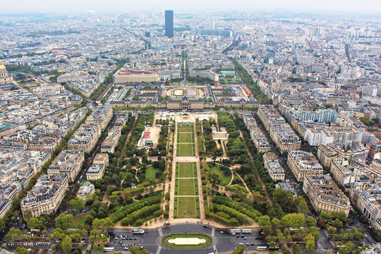Panoramic view on paris city, Field of Mars, from the top of eiffel tower, france