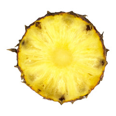 Ripe pineapple cut closeup photo on white background, Pineapple yellow flesh with texture.