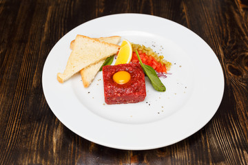 Delicious classic steak tartar with beef